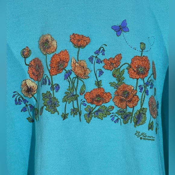 Vintage 90s Morning Sun Teal Double Collar Grandma Sweatshirt Crewneck Poppy Med - Picture 4 of 8